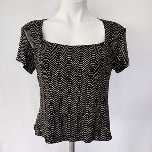 1990s Vintage Ronni Nicole Black and Silver Glitter Striped Stretch Top